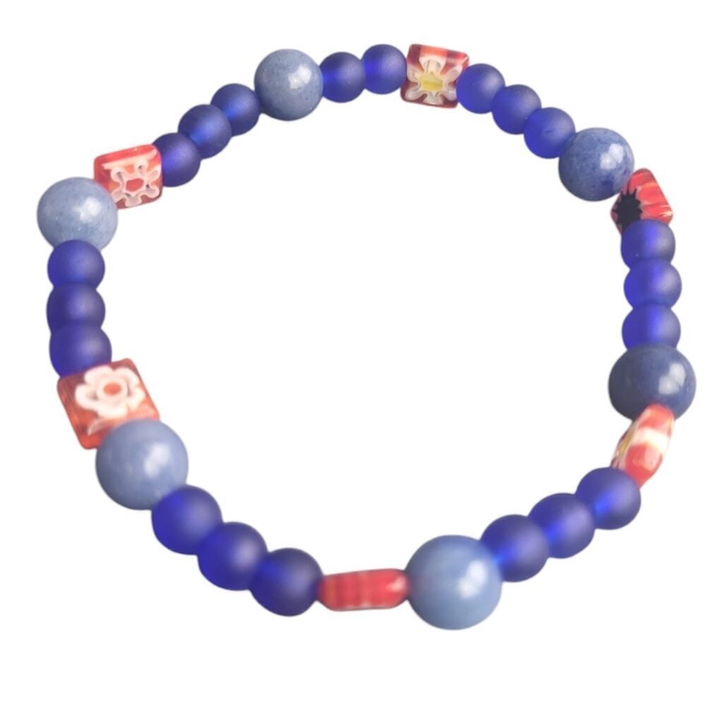 Millefiori Floral Adventurine Frosted Glass Stretch Bracelet